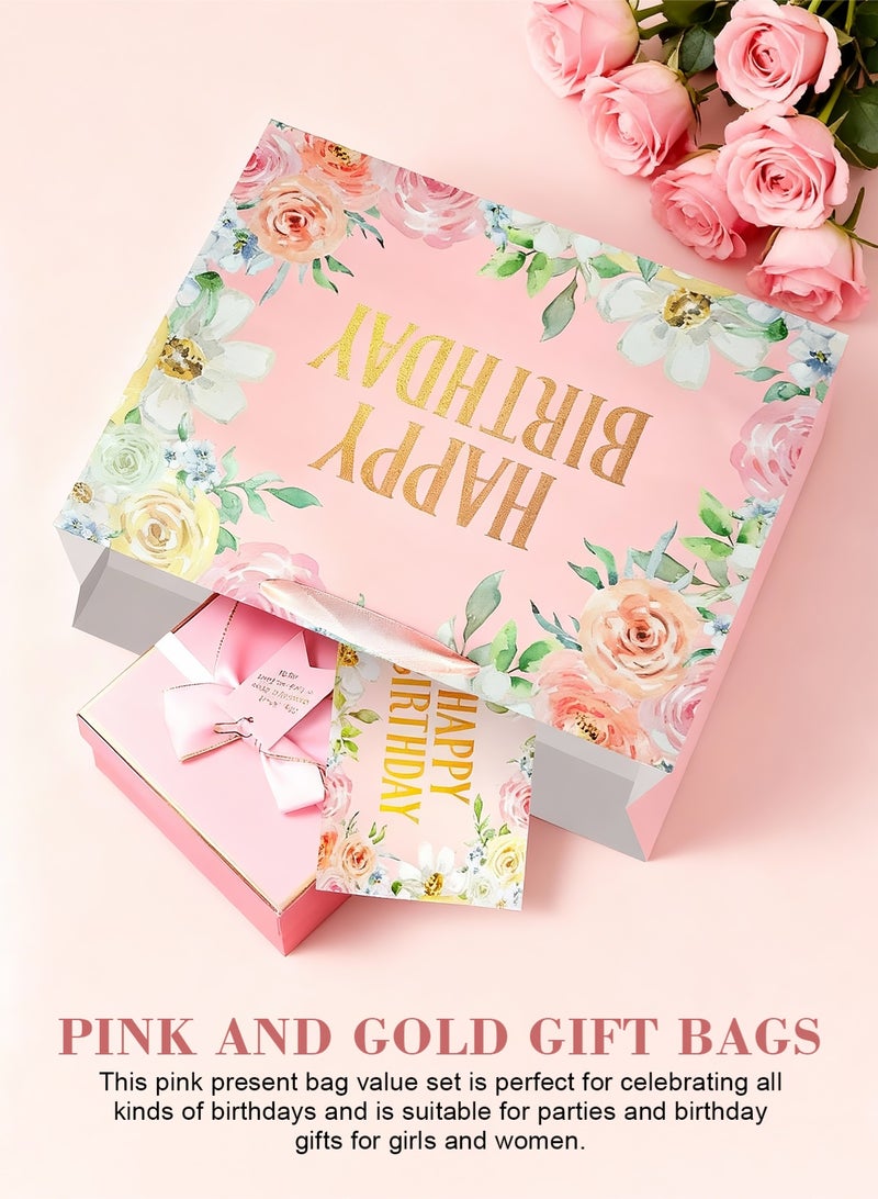 HomarKet 4 Pack Large Happy Birthday Gift Bag with Card and Tissue Papers, Handles Floral Design for Women Girls Birthday Party 33x12x26cm，Pink - Image 3